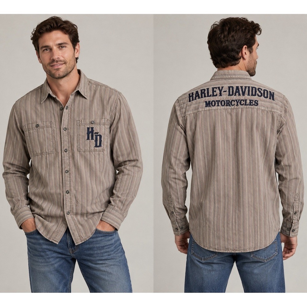 Harley Davidson Shirt Mens Medium Tan Button Up VTG Y2K Button Up Mechanic Biker